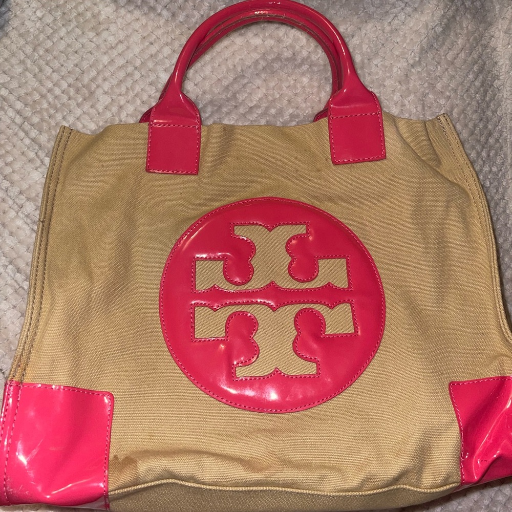 Tory Burch Beige and Pink Canvas Tote- stains
